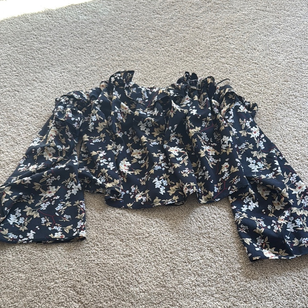 Blue Ruffled Crop Blouse with Puff Sleeves